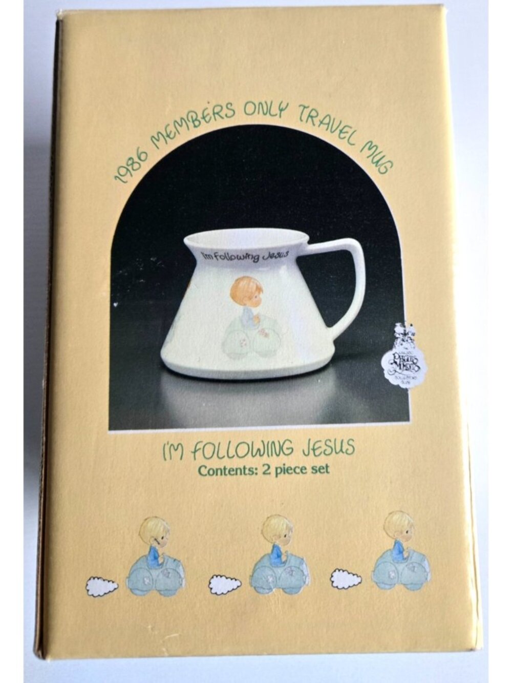 2 VTG Precious Moments Collector's Club No Spill Coffee Mugs I'm Fol1owing Jesus